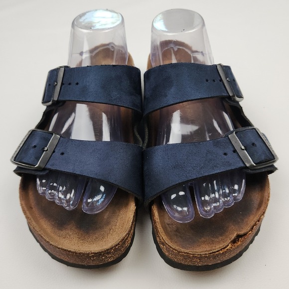 Birkenstock Arizona Blue Navy Sz 9 Leather Sandals Slides Adjustable 2 Strap - Picture 4 of 9